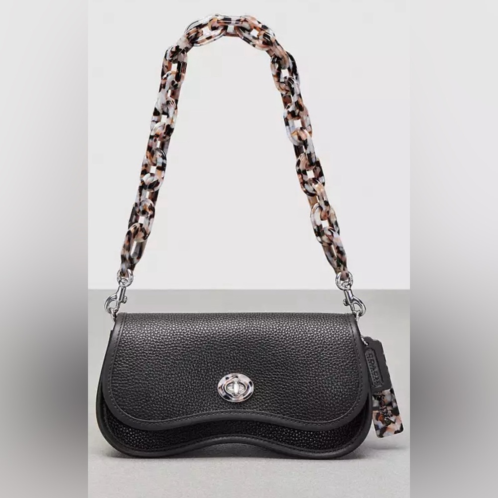 Coach Black Pebbled Leather Shoulder Bag with Tortoiseshell Chain Strap